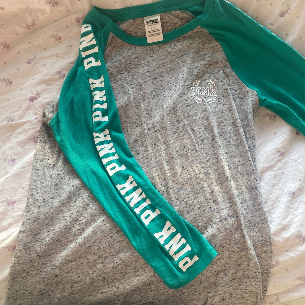 VS PINK Green and Grey Baseball Tee